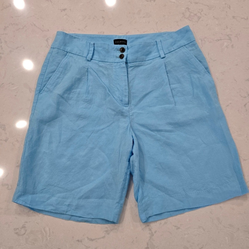 Talbots 100% Linen Blue Pleated Shorts Women's 12 Coastal Preppy Bermuda EUC